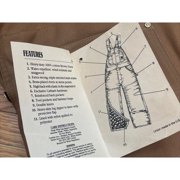 Vintage 80s 46x28 Carhartt Brown Double Knee Quilt Lined Overalls Bibs Union USA - Picture 16 of 16